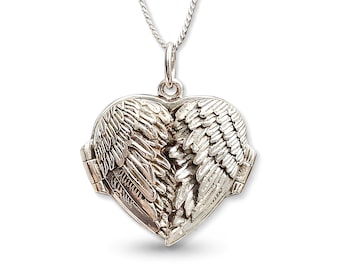 Angel Wing Heart Locket Sterling Silver Necklace Memorial Keepsake Pendant Prayer Jewellery Gift