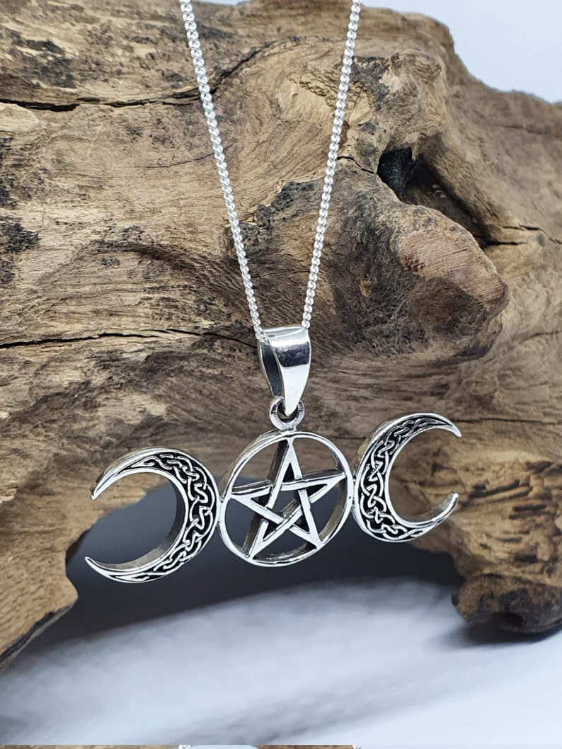 Triple Moon Pentacle Pendant 18 Chain 925 Sterling Silver Wicca Pagan Witchcraft Spirituality Boxed Sbl18 image 3