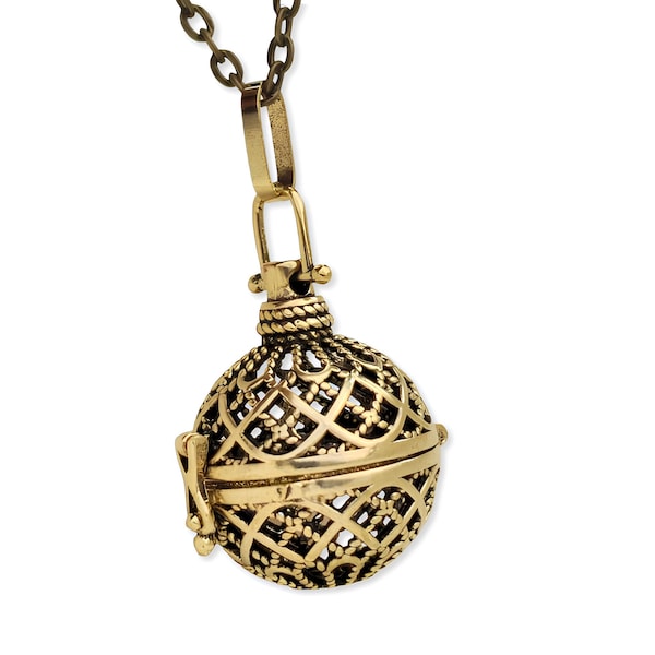 Colgante de medallón de bola de bruja, collar de bola de armonía bohemio de bronce y caja