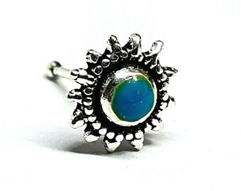 Piercing de nariz con forma de flor, esmalte azul, plata de ley 925, extremo de bola, joyería para piercing corporal y caja.