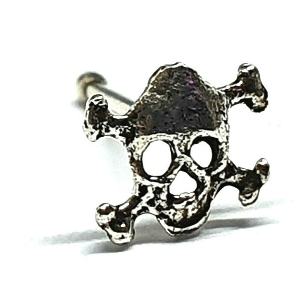Skull and Crossbones Nose Stud Piercing 22g (0.6mm) Vintage Oxide 925 Silver Ball End Rebel Pirate Piercing Body Jewellery (b4l09)