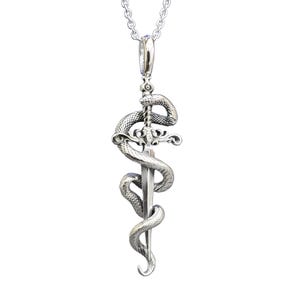 Snake Sword Pendant Necklace 925 Silver Broadsword Asclepius Protection Amulet Jewellery Gift & Boxed
