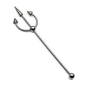 May include: A silver-colored industrial barbell body piercing jewelry. The barbell features a trident design at the top with three pointed tips and a ball at the bottom. The jewelry is made of a shiny, metallic material.