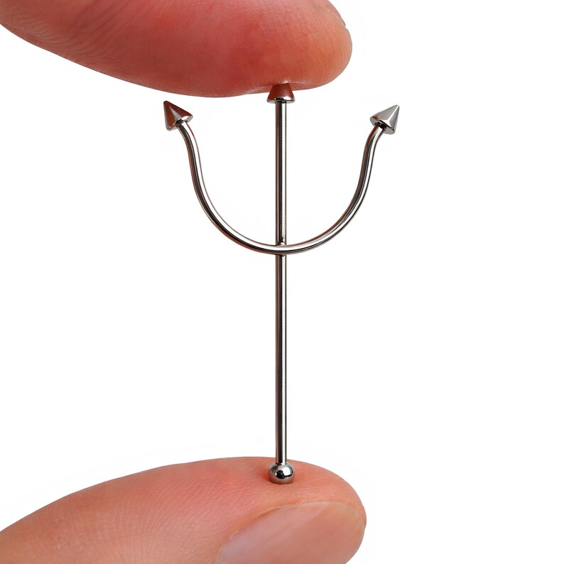 Trident Piercing Scaffold Barbell Fork Industrial Earring 16g (1.2mm) 50mm 316L Steel Body Jewellery image 8