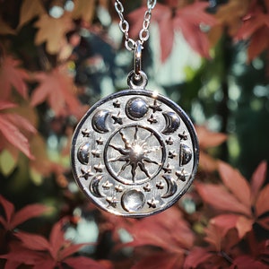 Moon Phase Necklace Pendant Celestial 925 Sterling Silver Moon Stars Sun Universe 18" Chain Pagan Wiccan Diana Goddess Boxed Gift (Bs66n)