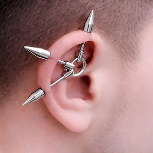 Spiked Triple Bars Ring Piercing Earring 16g (1.2mm) Trident Piercing Steel Bar Jewellery