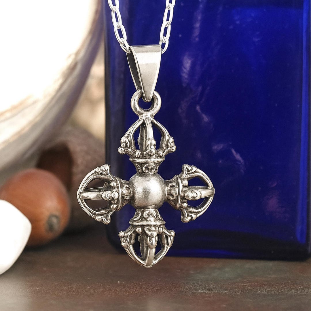 Double Dorje Vajra Pendant 925 Silver Prayer Necklace Thunderbolt