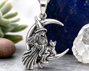 Witch & Cat Crescent Moon Pendant 20" Curb Chain Necklace 925 Silver Jewellery Boxed