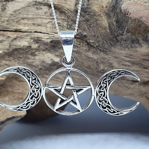Triple Moon Pentacle Pendant 18 Chain 925 Sterling Silver Wicca Pagan Witchcraft Spirituality Boxed Sbl18 image 1