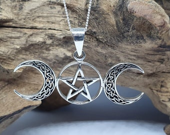 Triple Moon Pentacle Pendant 18" Chain 925 Sterling Silver Wicca Pagan Witchcraft Spirituality Boxed (Sbl18)