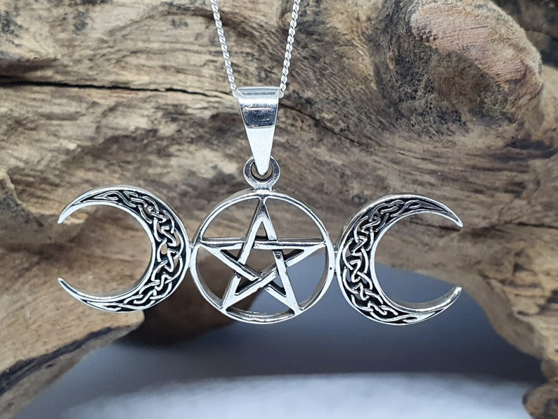 Triple Moon Pentacle Pendant 18 Chain 925 Sterling Silver Wicca Pagan Witchcraft Spirituality Boxed Sbl18 image 1