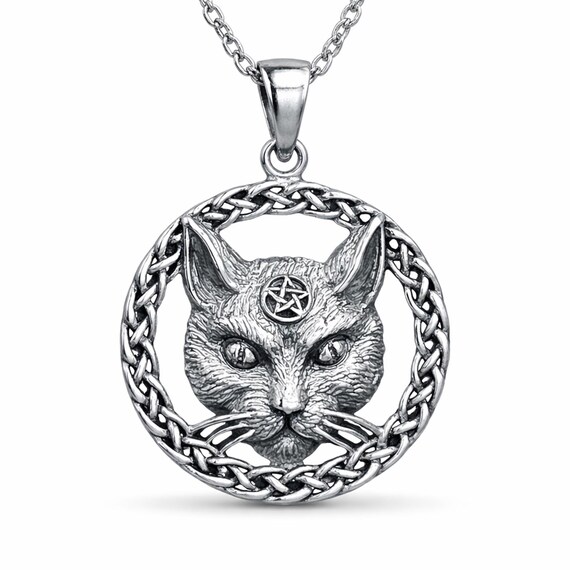 Cat Pendant 925 Sterling Silver Pentacle Celtic Familiar Magical 