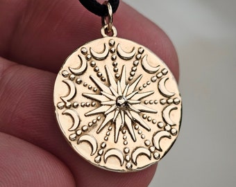 Mandala Moon Sun Bronze Pendant Necklace Amulet Stars Moon Geometric 30" Black Cotton Tie Cord Necklace Jewellery Handmade & Box (Bxs4L27)