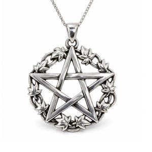 May include: A silver-toned pendant necklace featuring a five-pointed star encased within a circular frame of sculpted ivy leaves. The metal has a polished finish with darkened recessed areas to highlight the intricate details of the foliage.