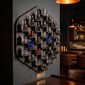 May include: A dark wood wall-mounted display rack with a hexagonal shape, featuring numerous individual shelves holding various clear and coloured glass tumblers. A small brass plaque at the bottom reads THE CASK COLLECTION in capital letters.