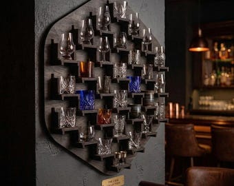 Wooden Shot Glass Display Shelf for 30 Glasses, Wall-Mounted Geometric Holder, Home Bar Organizer, Shot Glass Display Case, Shot Glass Rack