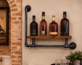 Industrial Pipe Shelf, Rustic Wood Wall Storage, Whiskey Bottle Display, Home Bar Organizer, Kitchen Decor, Custom Size, Black Pipe Brackets