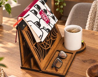 Personalized Wooden Book Valet, Nightstand Book Holder with Cup & Glasses Rest, Triangle Book Stand, Book Lover Gift, Reader Nightstand Gift