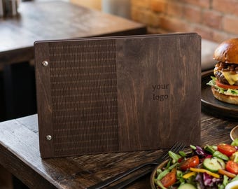 Wooden Menu Cover with Logo, Custom Restaurant Menu Folder, Engraved Wood Menu Holder for Cafe Bar Hotel, A4 Letter Legal, Rustic Menu Books