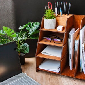 Personalized desk organizer, Office supplies organizer, Wood desktop organizer, Wooden table organizer, Document holder stand, Desktop decor image 1