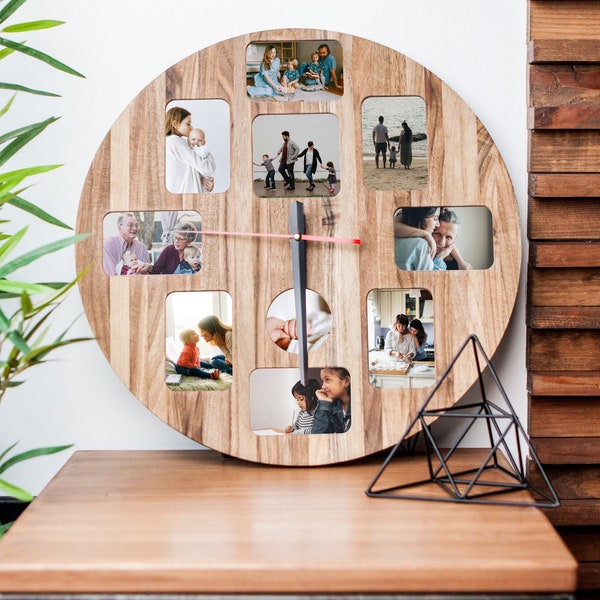 Custom family wall clock with photo, Anniversary wooden clock for wall with pictures, Unique personalized wood wall clock, Wooden wall clock