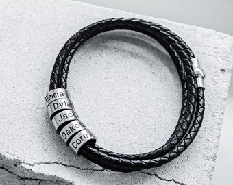Zysta Bracciale Uomo In Pelle Con Anelli Di Nome Personalizzate, Braccialetto Rigido A Corda Multistrato Personalizzato Incisione Iniziali, ID Bracciale Identificativo Cuoio Inciso (2 Beads Argento - Foto 10