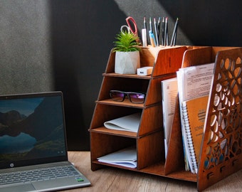 Engraved desk organizer, Office desk organizer personalized, Wooden desk organizer, Office desk accessories organizer, Office storage
