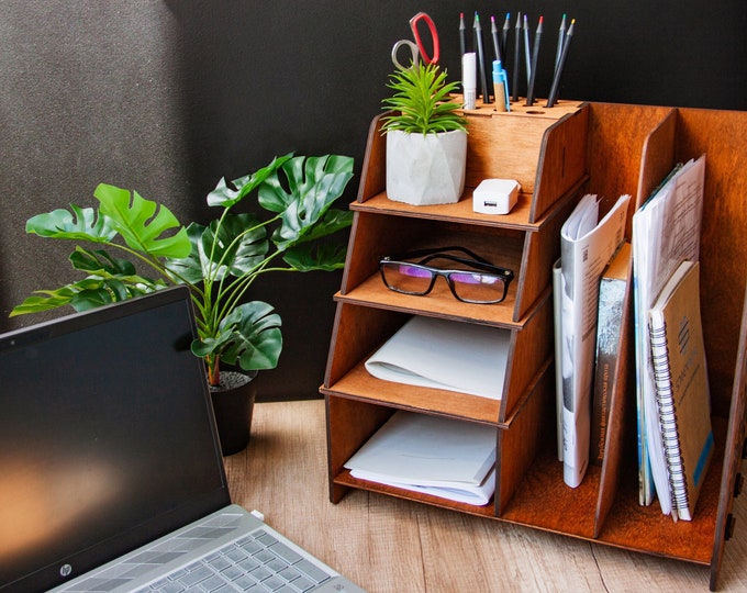 Personalized desk organizer, Office supplies organizer, Wood desktop organizer, Wooden table organizer, Document holder stand, Desktop decor