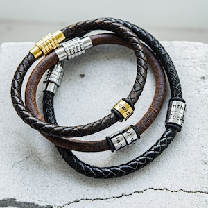 Personalized beaded bracelet with kids name, Leather bracelet for men with name,Handmade leather jewelry,Engraved name bracelet,Dad bracelet