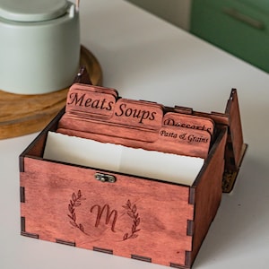 Organizador de receitas de madeira, armazenamento de receitas personalizado, porta-cartões de receitas de madeira, cartão de cozinha personalizado, acessório de cozinha de madeira