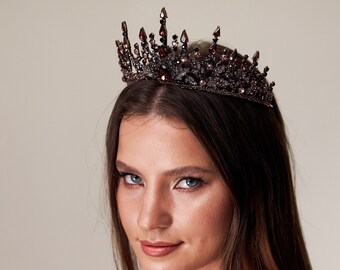 Black tiara crown, Red rhinestone tiara, Wedding crown for bride, Princess tiara, Queen tiara, Hair accessories, Crown headband, Crown tiara