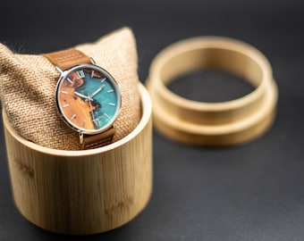 Watch with leather strap, Resin watch, Blue resin watch, Engraved mens watches, Gift husband watch,Unique watches men,First anniversary gift