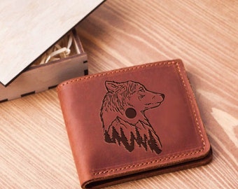 Wolf wallet, Custom leather wallet for men, Engraved wallet for son, Real leather wallet for men, Personalized wallet men