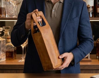 Personalized Leather Wine Bag, Custom Engraved Wine Bottle Holder, Genuine Leather Wine Carrier, 3rd Anniversary Gift for Him, Wine Tote Bag