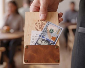 Custom Wooden Check Presenter with Logo, Restaurant Bill Holder with Genuine Leather Pocket, Engraved Plywood Guest Check Holder, Cafe Check