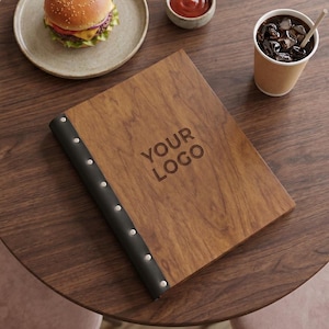 Anpassat trämenyomslag, graverad restaurangmenyhållare med logotyp, A4 A5-bokstäver i trämeny för cafébar hotell vinlista pärm