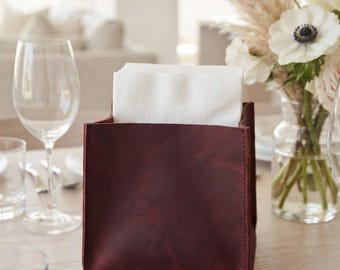 Leather Napkin Holder, Leather Storage Box, Personalized Leather Bin, Small Desk Organizer, Vanity Basket, Kitchen Tissue Holder