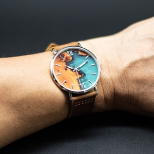 Groom Watch Blue Resin, Leather Strap Watch, Epoxy Resin Watch, Groomsmen Personalised Watches, Engraved Watch for Men, Blue Dial Wristwatch image 9