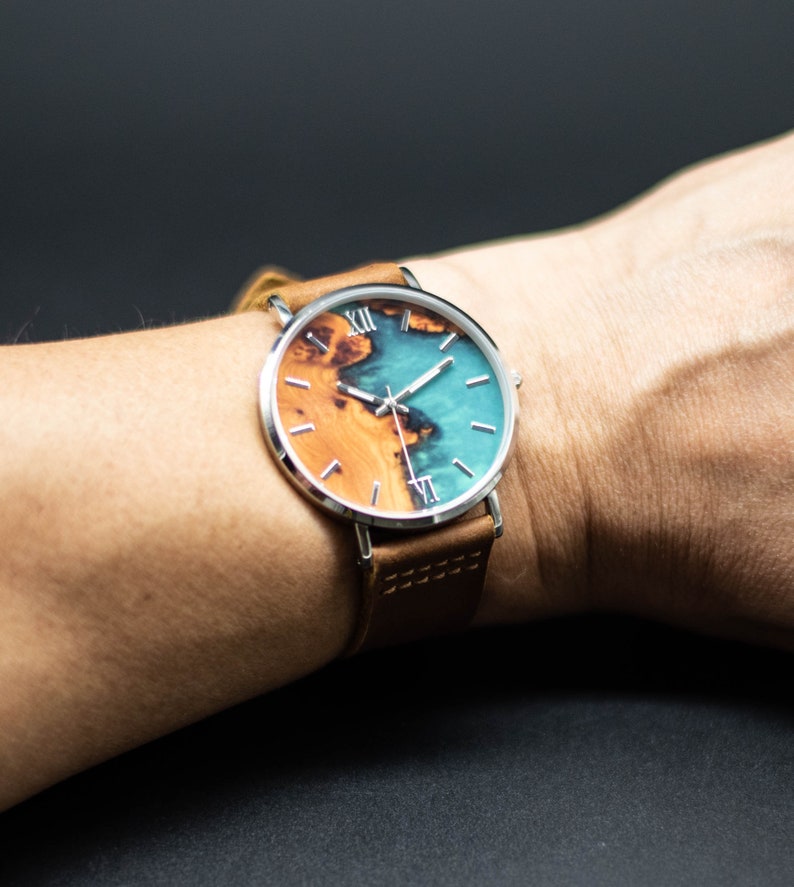 Groom Watch Blue Resin, Leather Strap Watch, Epoxy Resin Watch, Groomsmen Personalised Watches, Engraved Watch for Men, Blue Dial Wristwatch image 9