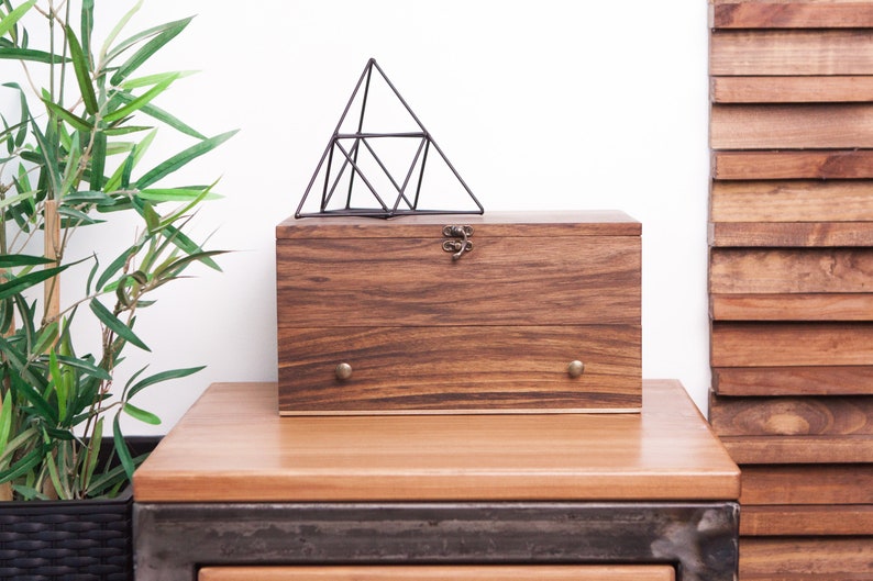 May include: A wooden box with a metal latch and two brass knobs sits on a wooden table. A black metal geometric pyramid sits on top of the box. A green plant is in the background.