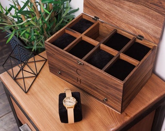 Wood watch box with drawer, Wood watch case, Custom watch box, Personalized watch box, 8 slot watch box, Engraved watch box men,Gift for him