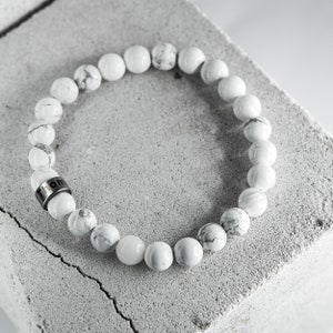 Pulsera fina de howlita blanca con cuentas de plata de ley, pulsera de cuentas para hombres, pulsera personalizada con nombre, pulsera personalizada con nombres de niños