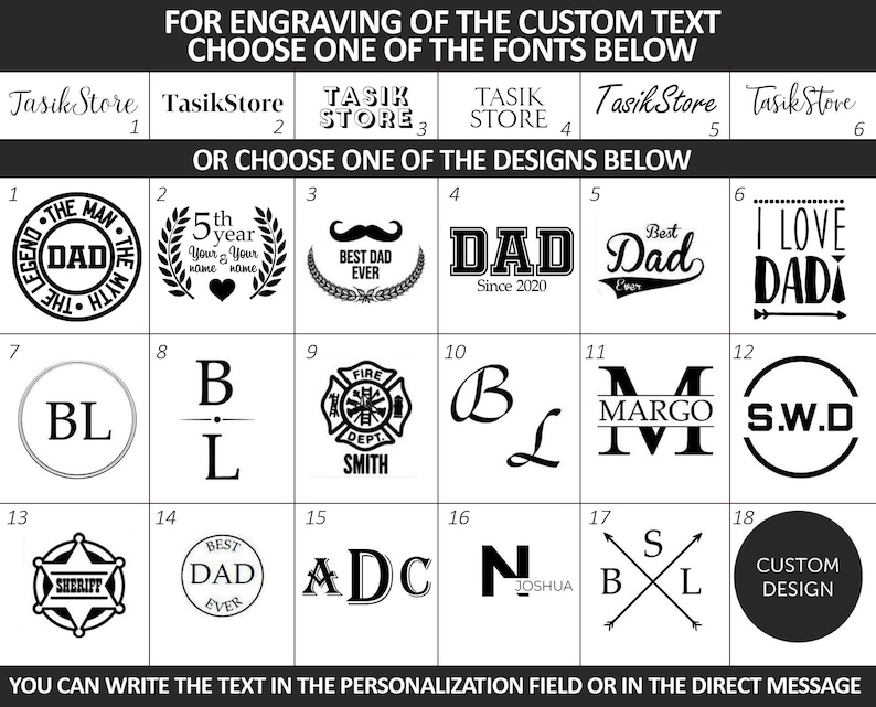 May include: A black and white image showing 18 different designs for engraving custom text. The designs include a variety of fonts, logos, and symbols. The text "Tasik Store" appears at the top of the image.