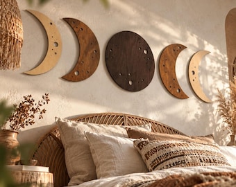 Moon Phase Wall Art, Wood Wall Art, Celestial Wall Decor, Lunar Cycle Wall Art, Above Bed Decor, Boho Bedroom Decor, Wood Moon Wall Art