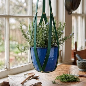 Può includere: Un vaso sospeso in ceramica blu, pieno di rosmarino, sospeso da un cinturino in pelle verde scuro. Il vaso è visibile contro una finestra. Il rosmarino ha piccoli fiori viola. Il cinturino in pelle è fissato con rivetti in ottone.