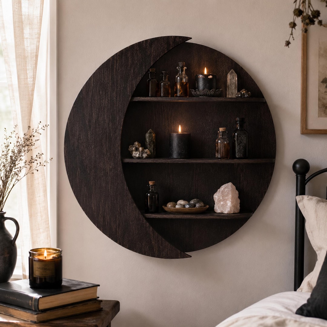 Crescent Moon Shelf, Wooden Moon Wall Shelf for Crystals, Witchy