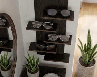 Wooden Sunglasses Holder: Wall Mount, Personalized Eyeglass Organizer for 5 Pairs, Vertical Glasses Rack, Minimalist Entryway Storage System