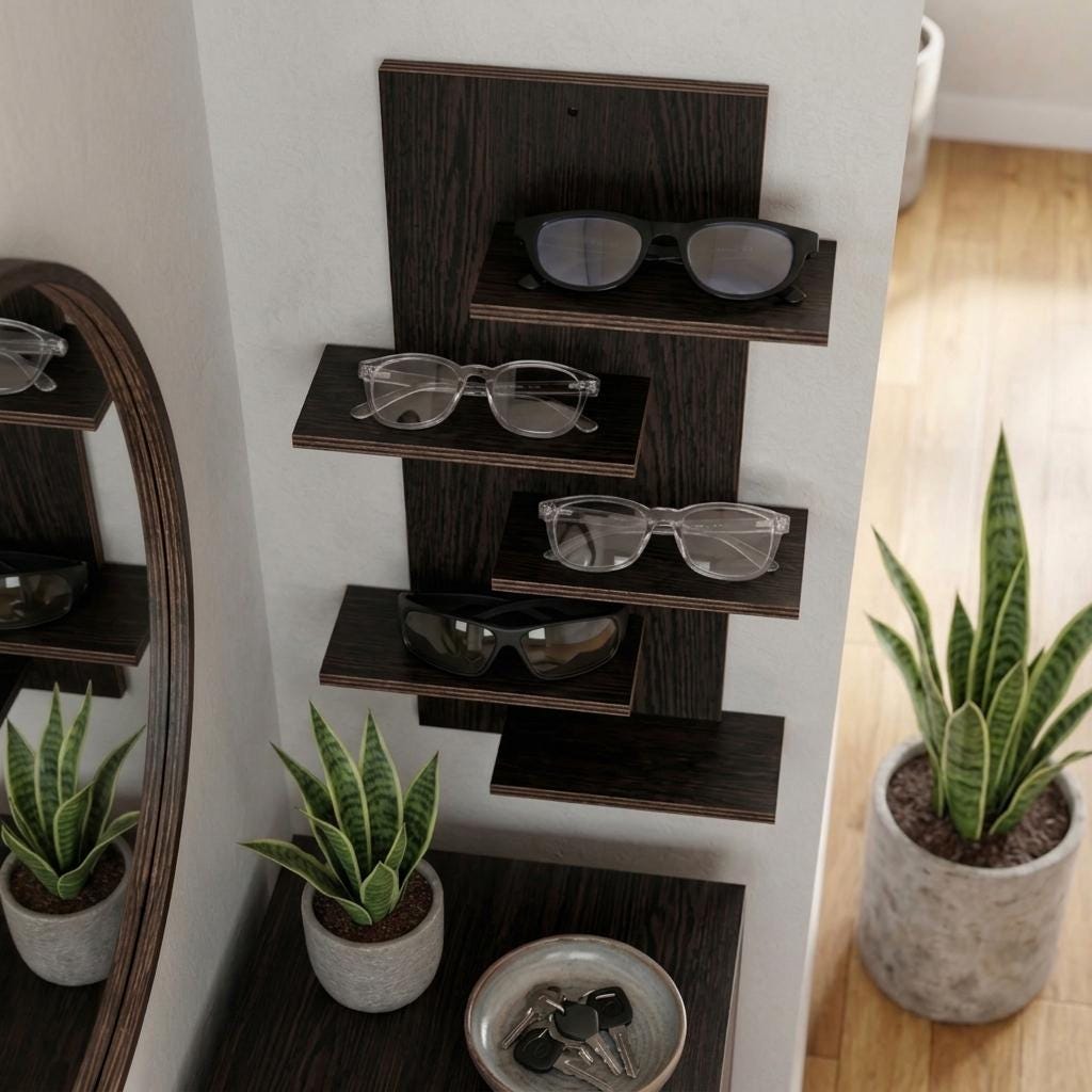 Wooden Sunglasses Holder: Wall Mount, Personalized Eyeglass Organizer for 5 Pairs, Vertical Glasses Rack, Minimalist Entryway Storage System