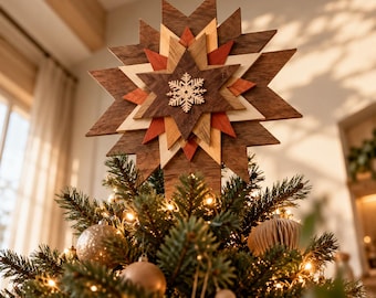 Wood Tree Topper, Christmas Tree Star, Rustic Star Tree Topper, Barn Quilt Star, Scandinavian Christmas Topper, 8 Point Star Decor