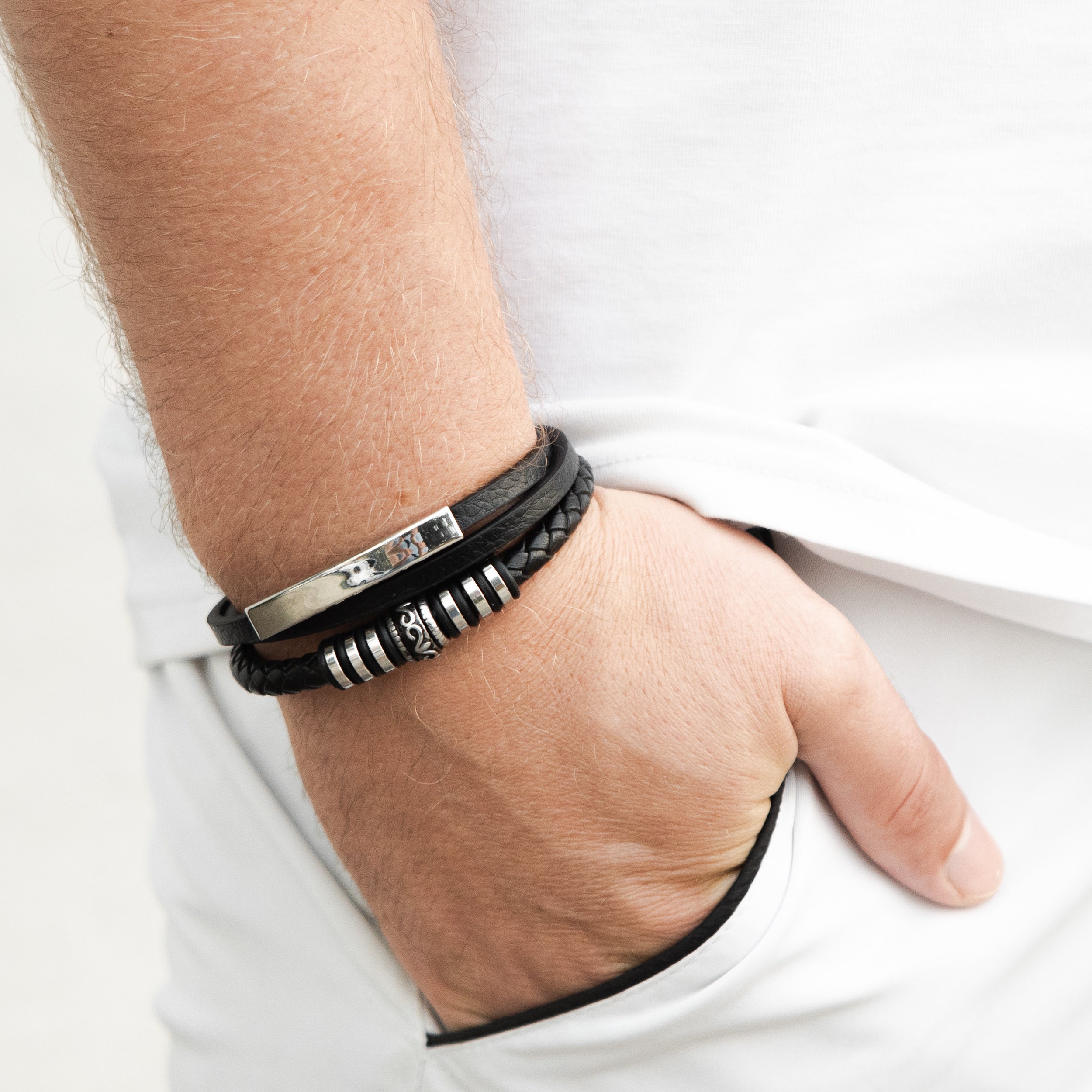 Mens Bracelet Personalized Black, Personalized Leather Bracelet for Men